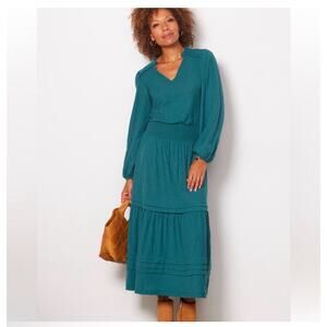 Nation LTD Tiered Smocked Teal Green Puff Sleeved Midi Peasant Dress XL Pima Cot